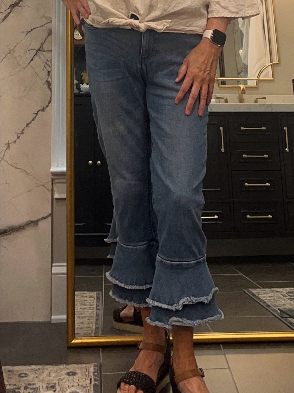 Reba Mid-Blue Ruffle-Hem Wide-Leg Jeans
